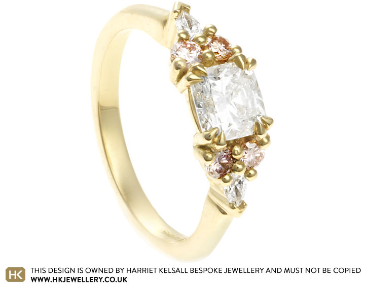 Charlie's Yellow Gold Cushion Cut and Pink Diamonds Engagement Ring