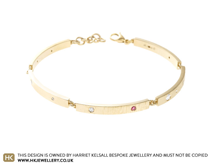 14 ct yellow gold ruby and diamond bracelet using Joanna's own materials