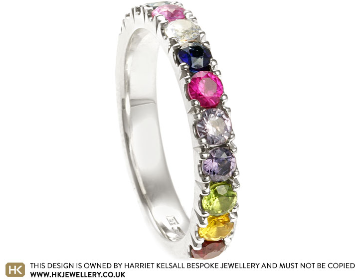 Sarah's handmade 9ct white gold and multi-coloured gemstone memory ring