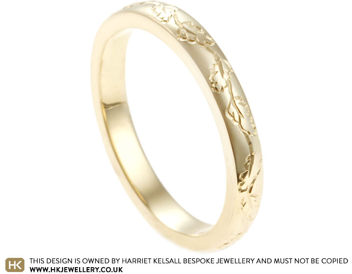 Sophie's Fairtrade 9ct Yellow Gold Oak Leaf Engraved Wedding Ring