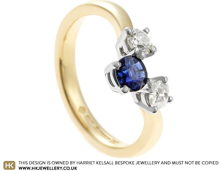 Jenna's Yellow Gold and Platinum Wishbone Ring with Inherited Sapphire and Diamond