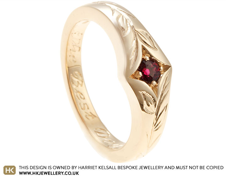 Talia's Birthstone Ruby Leaf Engraved Dress Ring