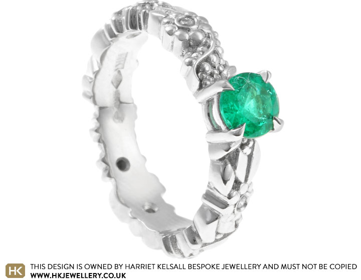 Alfiya's Platinum Wild Flower emerald and diamond engagement ring