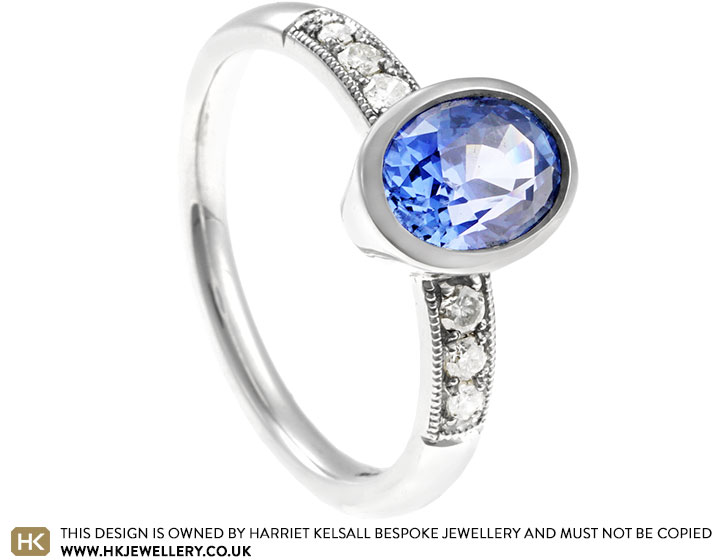 Heather's Sterling Silver Ring Set With Blue Sapphire And Diamonds With A Mille Grain Finish