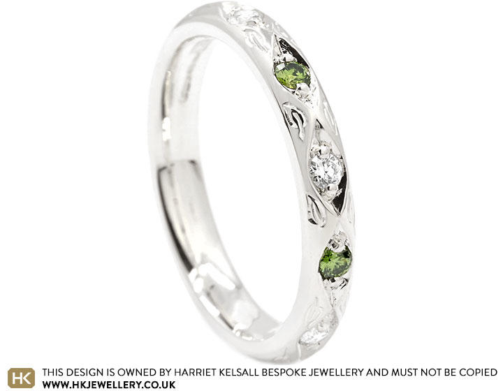 Falling Leaf Engraved, 9ct White Gold, Eternity Ring With HPHT Green and White Diamonds