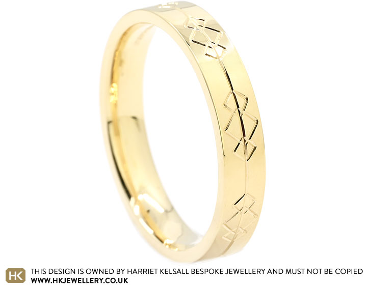 Geometric Inspired Engraved 9ct Yellow Gold Wedding Ring