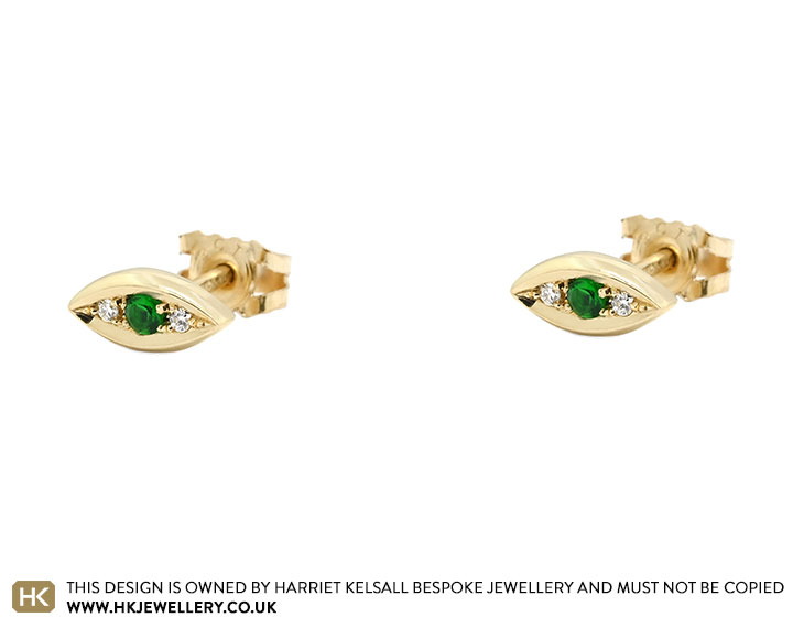 9ct Yellow Gold Marquise Shaped Emerald and Diamond Stud Earrings