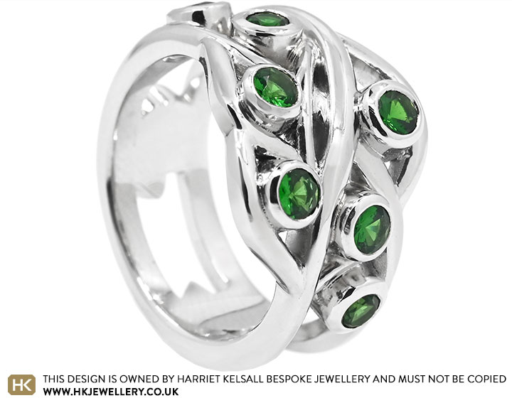 Platinum and Tsavorite Woven Engagement and Wedding Ring In One