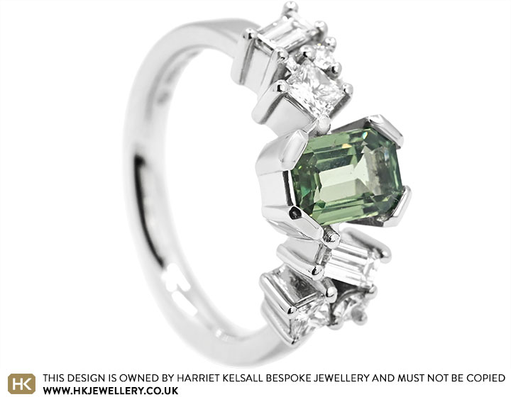 Demi's Green Sapphire and Mixed Cut Diamond Platinum Engagement Ring