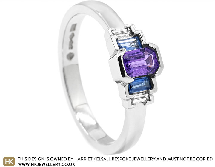 Gwawr's Bespoke Purple Sapphire, Blue Sapphire and Diamond Engagement Ring