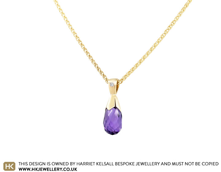 Elegant 9ct Yellow Gold, Diamond and Amethyst Tear Drop Pendant