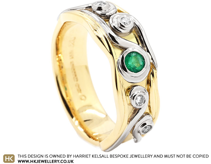 Anne's Intricate Curl Layered Wedding Ring With Emerald