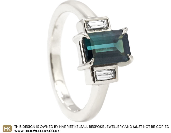 Zoe's Art Deco White Gold Teal Tourmaline and Diamond Engagement Ring