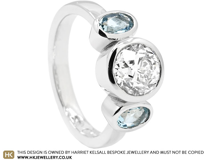 Sophie's Platinum Diamond and Aquamarine Trilogy Engagement ring