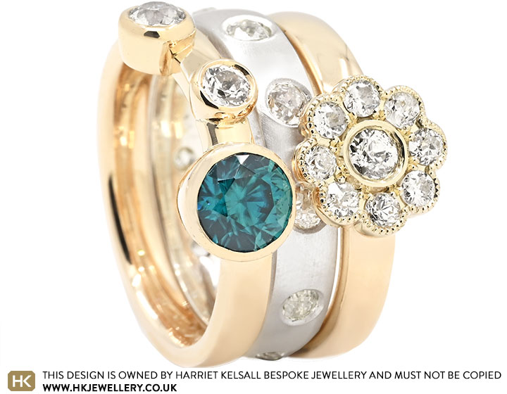 Judith's Mixed Metal Diamond and Blue Zircon Stacking Rings