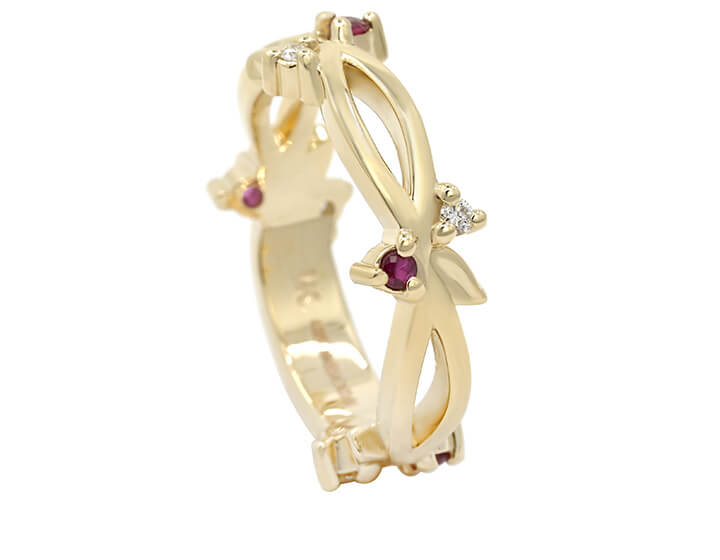 Yellow Gold, Diamond and Ruby Vine Inspired Ring