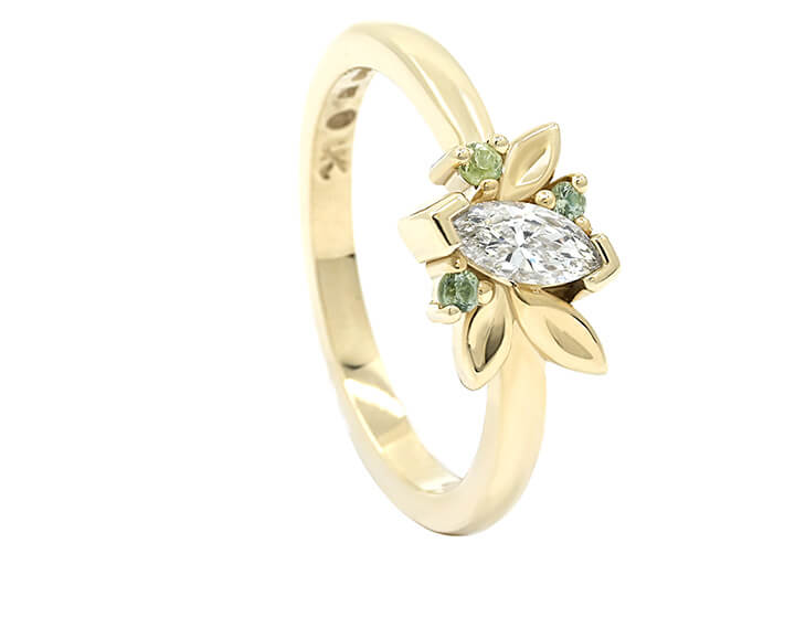 Asymmetrical Scattered Diamond and Green Sapphire Floral Design