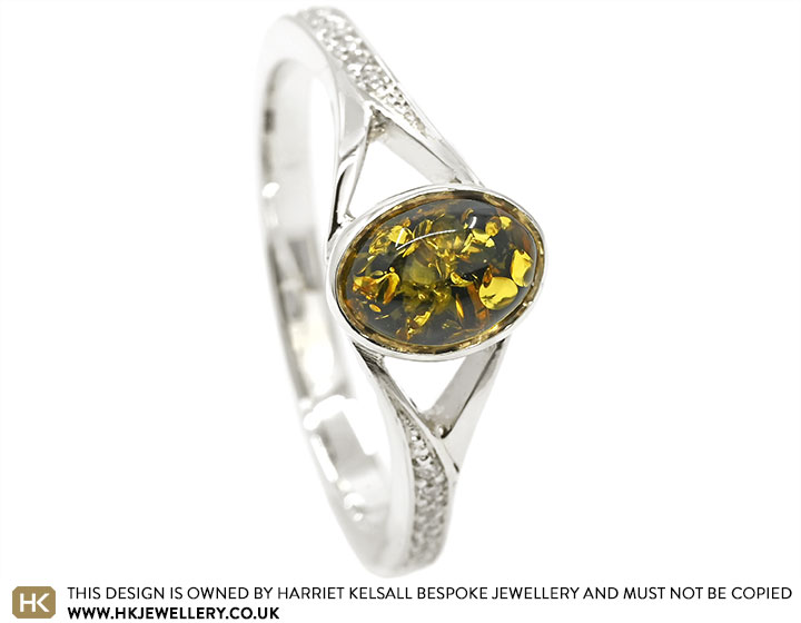 Carrie's 9ct White Gold Green Amber and Diamonds Engagement Ring