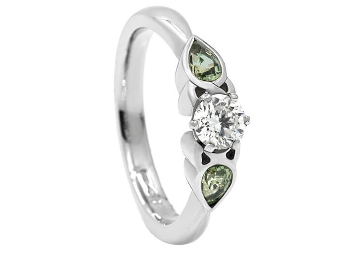 Celtic Inspired Platinum Trilogy with Diamond and Green Sapphires