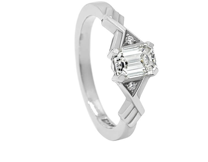 Geometric Art Deco Inspired Design with Emerald Cut Diamond and Palladium