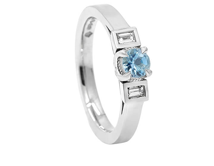 Art Deco Inspired Platinum, Aquamarine and Diamond Baguette Engagement Ring