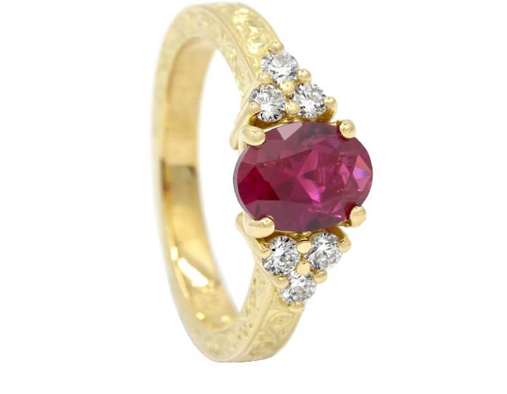 Synthetic Ruby and Diamond Floral Engagement Ring