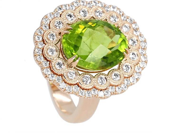 Alison's Peridot and Diamonds Double Halo Ring