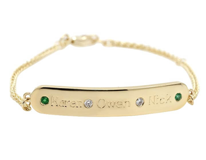 Dee's Emerald and Diamond Family Engraved Bracelet