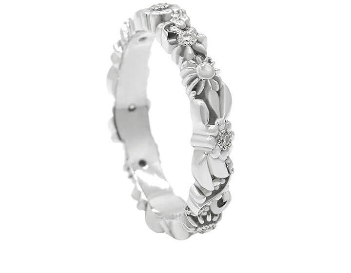 Wild Flower Inspired Palladium and 0.08ct Brilliant Cut G-H VS1-2 Diamond Eternity Ring