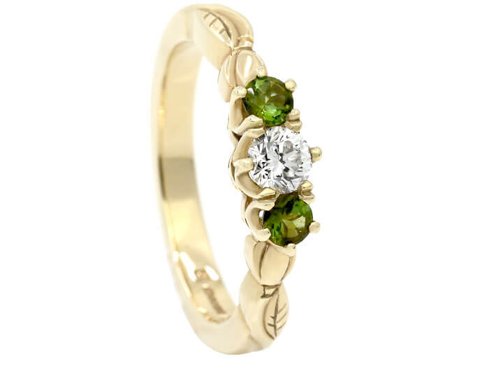 Diamond and Green Tourmaline Flora Inspired Three Stone Ring