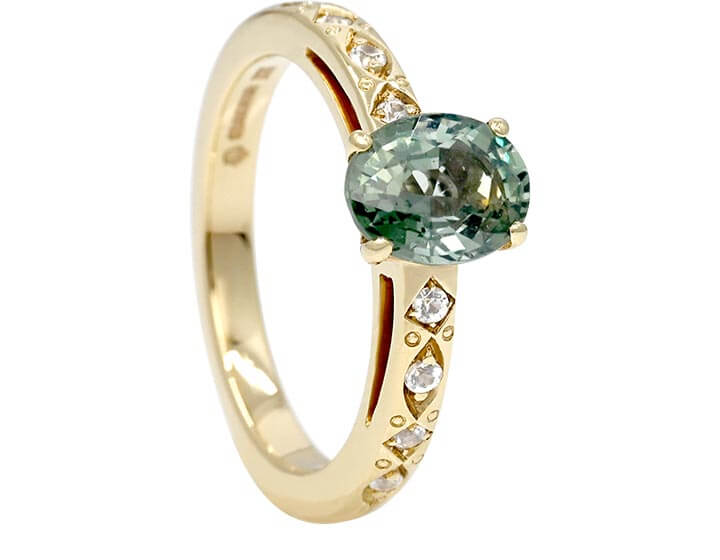 Berna's Yellow Gold Teal and White Sapphire Engagement Ring