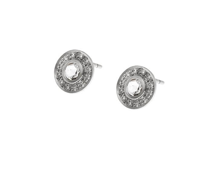 Palladium earrings with rose cut and round brilliant cut diamonds totalling 0.44ct