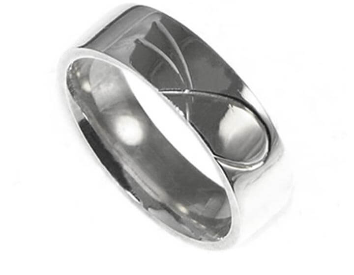 Surfing inspired 9ct white gold  mans ring with hand engraved detail