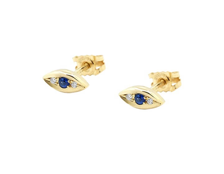 9ct Yellow Gold Marquise Shaped Sapphire and Diamond Stud Earrings