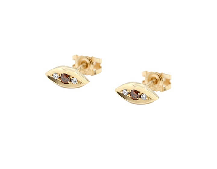 9ct Yellow Gold Marquise Shaped Diamond and Cognac Diamond Stud Earrings