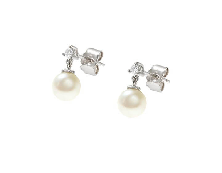 18ct White Gold, White Cultured River Pearl and Diamond Drop Earring