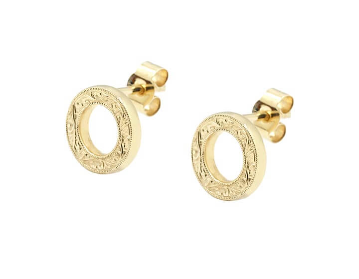 Renaissance Inspired Engraved 9ct Yellow Gold Circle Stud Earrings