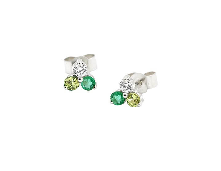 Fairtrade 9ct White Gold Emerald, Peridot and Diamond Stud Earrings