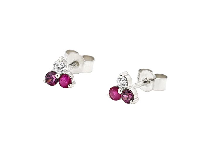 Fairtrade 9ct White Gold, Ruby, Rhodolite Garnet and Diamond Stud Earrings