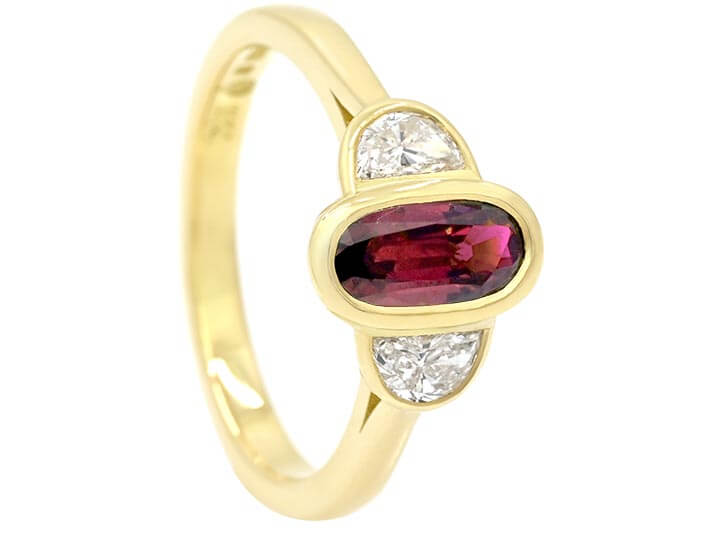 Modern Oval Cut Ruby and Half Moon Diamond Trilogy