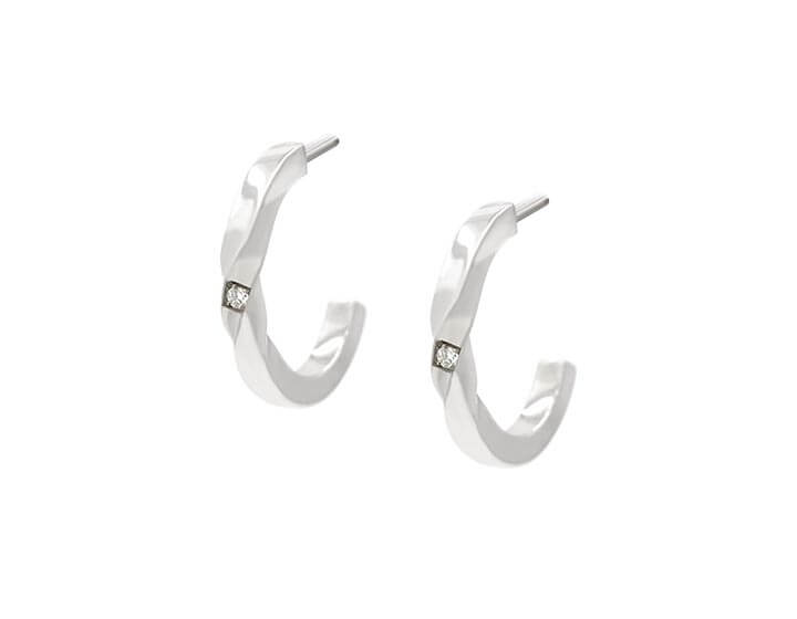 Recycled 9ct White Gold Twisted Hoop Earrings with Diamonds