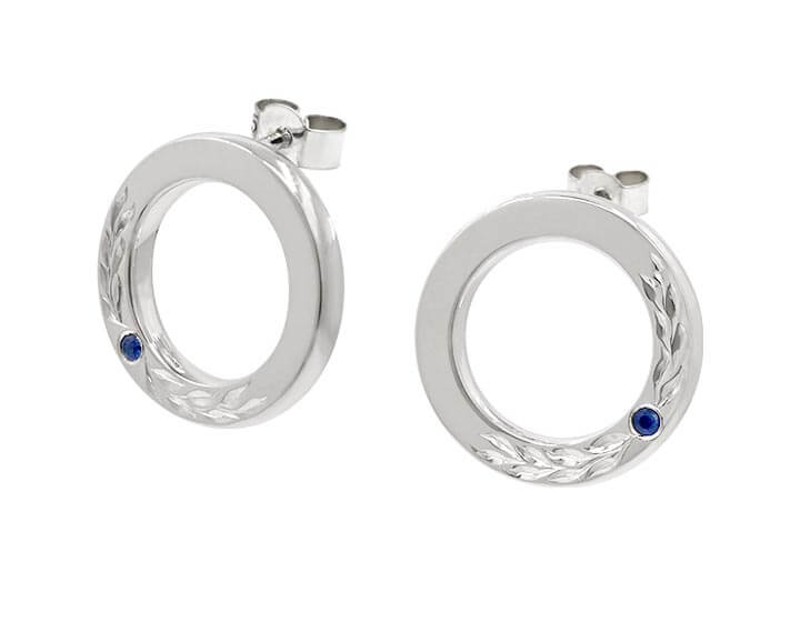 Hand Engraved Vine Sapphire and White Gold Earrings