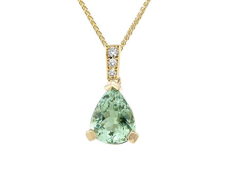 Ethereal Mint Green Tourmaline, Diamond and 9ct Yellow Gold Pendant