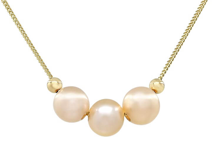 9ct Yellow Gold Necklace with Three 7mm Champagne Pearls and Gold Beads