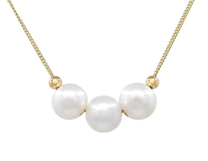 9ct Yellow Gold Necklace with Three 8mm Ivory Pearls and Gold Beads