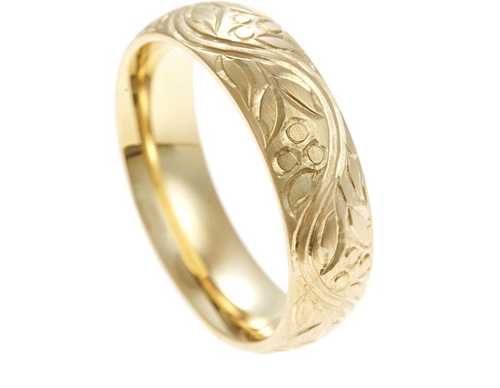 James' 9ct Yellow Gold Vine and Leaf Engraved Satinised Wedding Ring