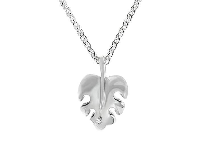 Botanical Monstera Inspired Pendant in Recycled Silver with Diamond