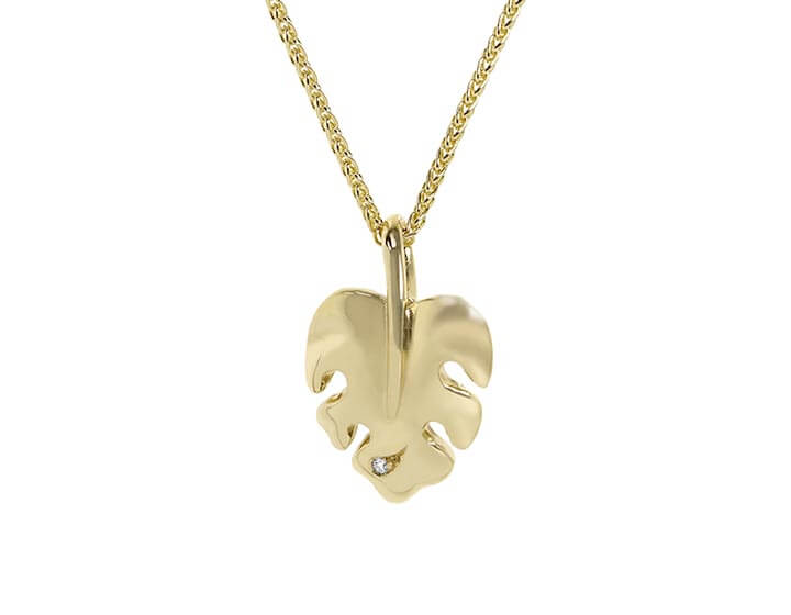 Botanical Monstera Inspired Pendant in Recycled 9ct Yellow Gold with Diamond