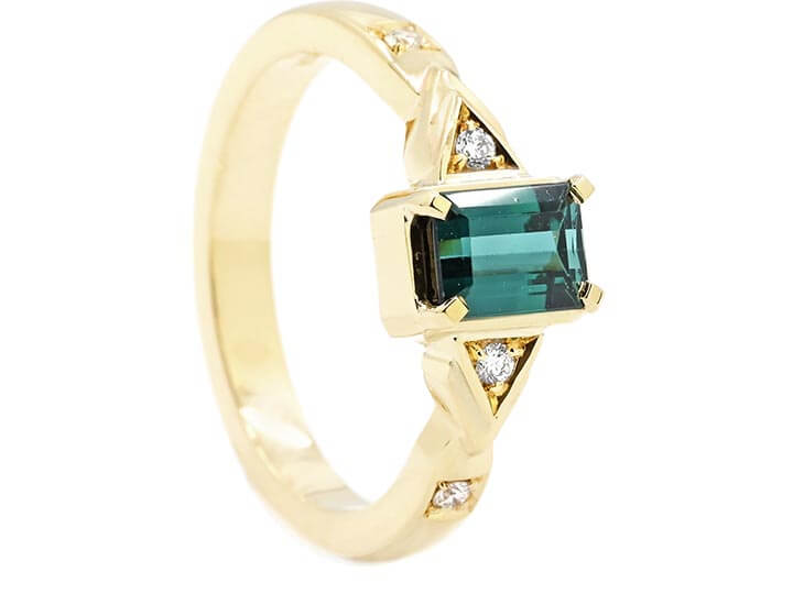 Unique Art Deco Inspired Recycled Gold, Teal Tourmaline and Diamond Engagement Ring