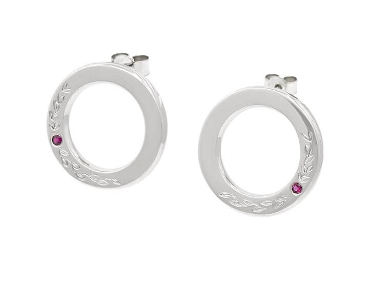 Hand Engraved Vine Ruby and White Gold Earrings